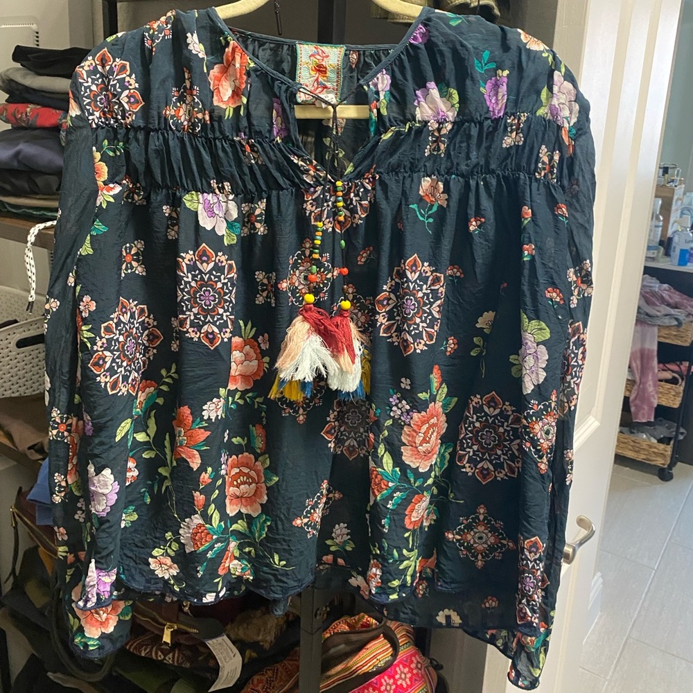 Fun Boho Cupra Tassle Johnny Was Blouse